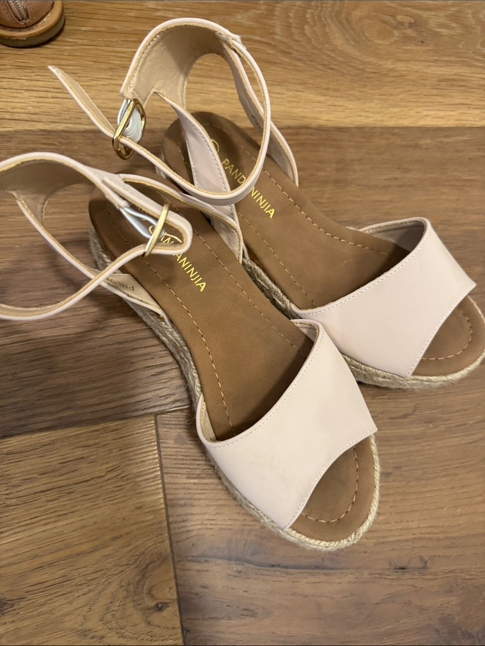 Pandaninjia Light Beige Espadrille Wedge Sandals with Ankle Strap